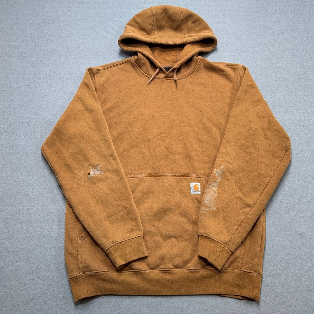 Carhartt Hoodie Men's Medium Brown Fleece Loose Fit Spell Out Logo Distressed